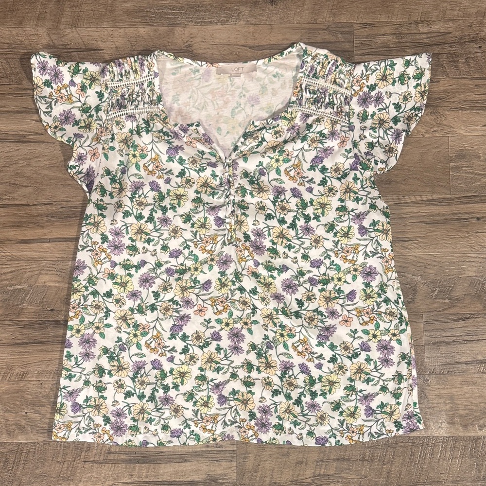 LOFT Floral Print Blouse with Purple and Green Accents